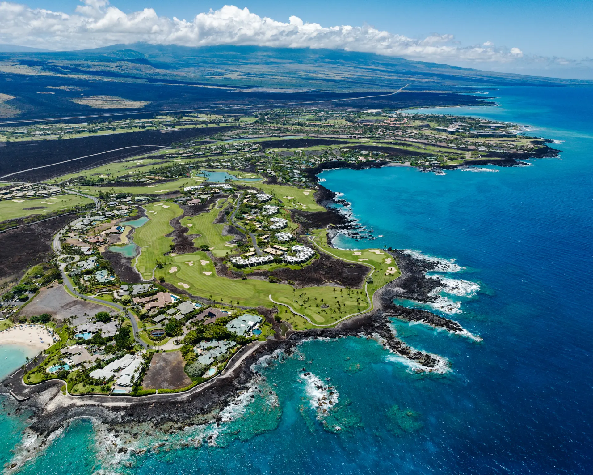Aerial view of a coastal golf course in Hawaii